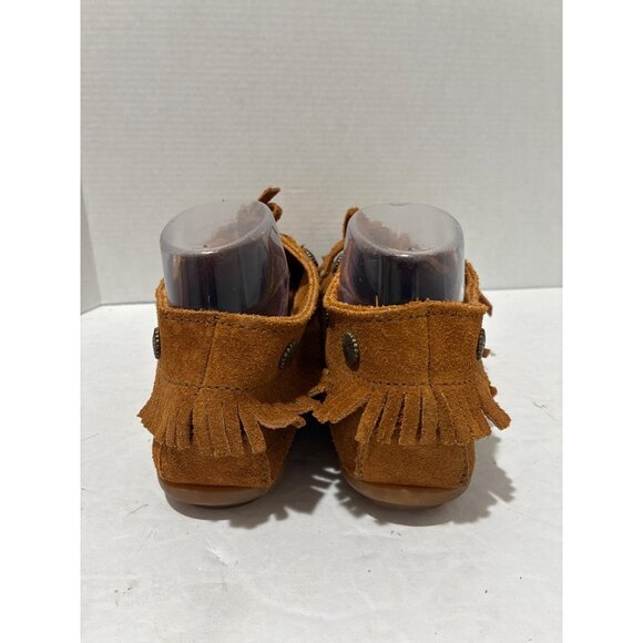 Minnetonka Fringe Moccasin Flats Leather Booties Women's 8.5 Brown Suede Studded - Picture 3 of 7